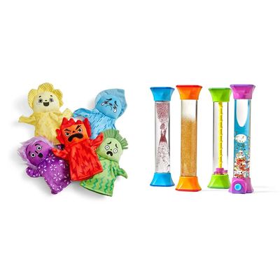hand2mind Feelings Family Hand Puppets + Sensory Fidget Tubes Set (Set of 9)