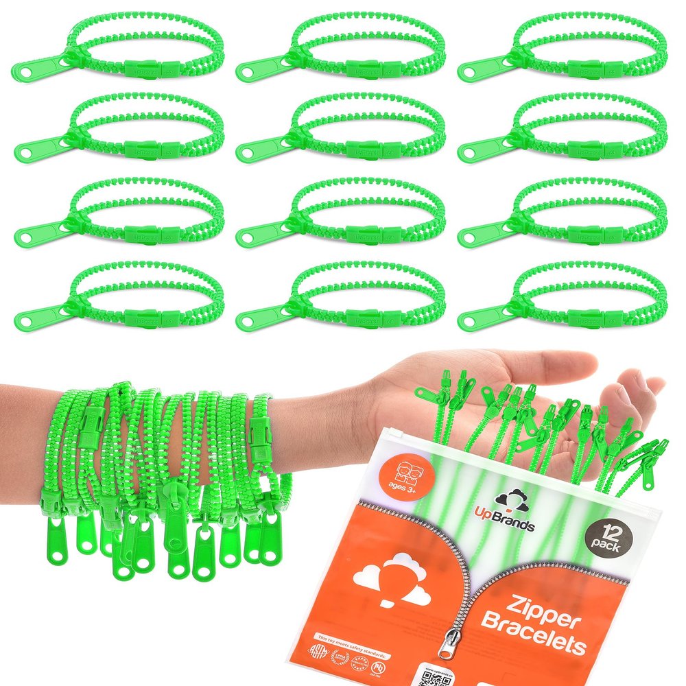UpBrands 12-Pack Green 7-Inch Zipper Bracelets  Themed Fidget Party Favors for Earth Day, Bulk Sensory Toys for Kids, and Lucky Accessories for St. Patricks Day
