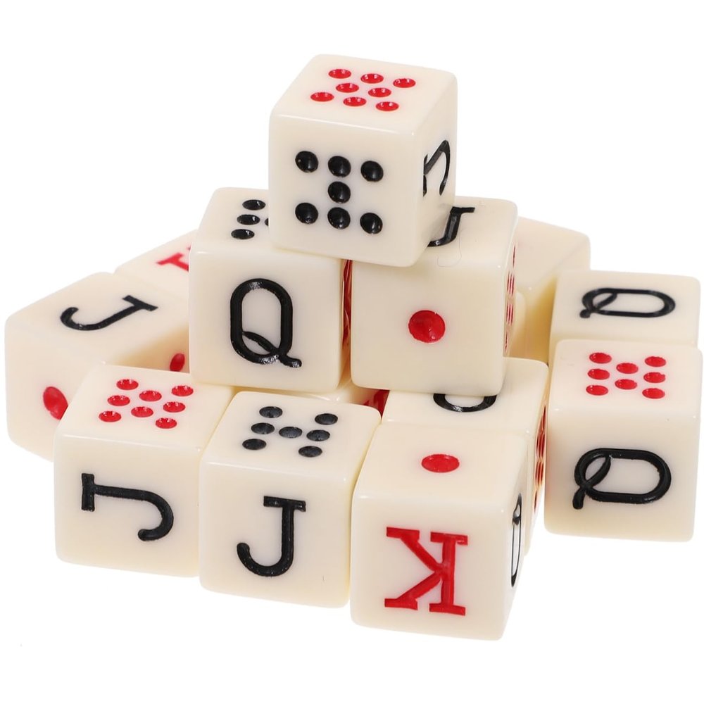 15Pcs 6-Sided Spanish Poker Dice, Acrylic Letter for Card Games, Portable Game Props for Poker and Liar, 0.59 Inch Color Dice Set for Family Entertainment