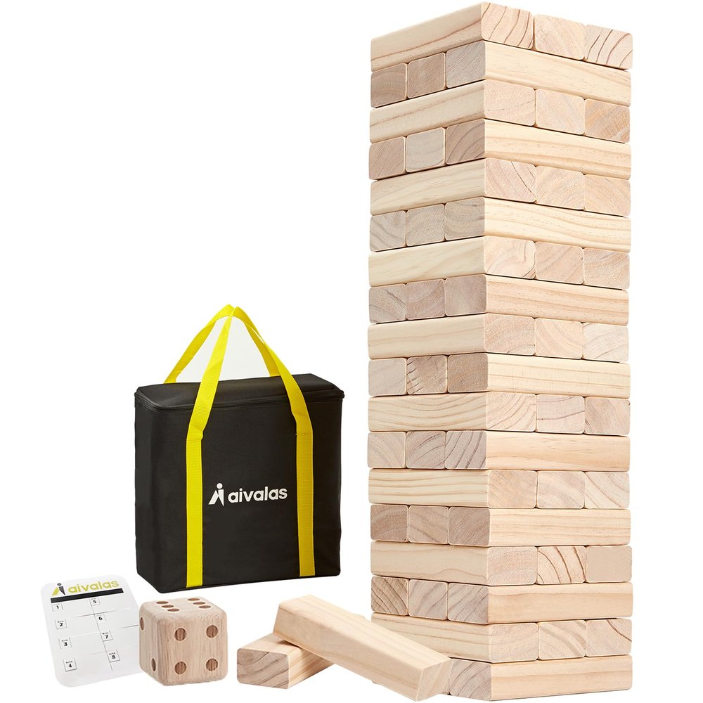 Aivalas Giant Tumbling Timber Games, 60 Blocks Large Tower Outdoor Game - Includes Carry Bag and Scoreboard, Wood Stacking Backyard Game Grows Up to 5FT for Kids Adults Family