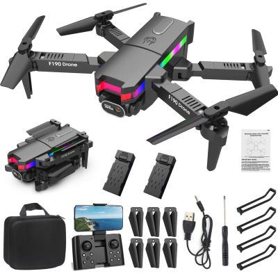 Drones with Camera for Adults 4k HD FPV, Foldable Remote Control Drone, Quadcopter Toys Gifts for Boys Girls with Altitude Hold Headless Mode and Led Flash Bar, One Key Start Speed Adjustment, 3D Flips (2xBattery)