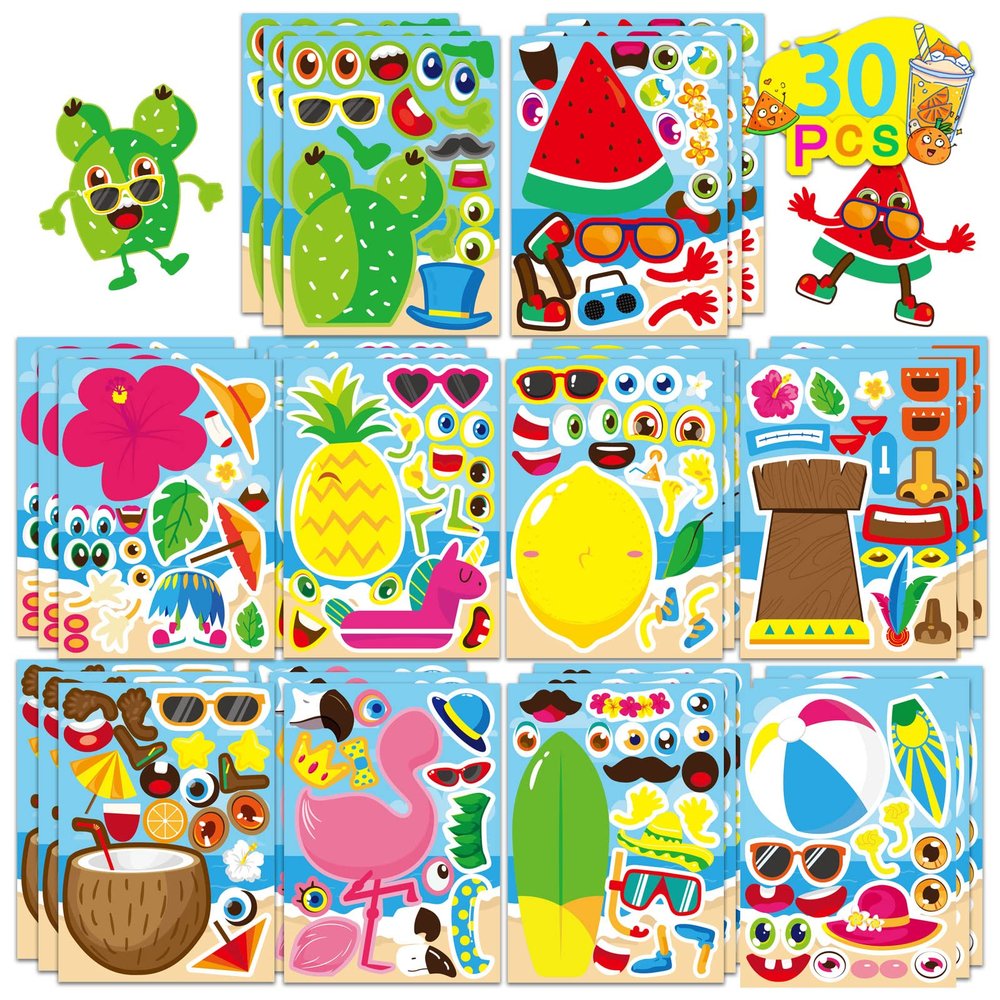 30 Sheets Hawaii Make a Face Sticker Summer Pool Beach Stickers for Kids Make Your Own Watermelon Pineapple Flamingo Stickers for Tropical Luau Craft Party Decor Sticker Summer Holiday Party Favors