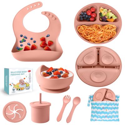 ECLIP Silicone Baby Feeding Set, 10 Pcs Baby Eating Essentials with Suction Bowl Divided Plate Adjustable Bib Soft Spoon Fork Snack Cup with Lid Drinking Cup, Utensil (Brick Red)