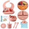 ECLIP Silicone Baby Feeding Set, 10 Pcs Baby Eating Essentials with Suction Bowl Divided Plate Adjustable Bib Soft Spoon Fork Snack Cup with Lid Drinking Cup, Utensil (Brick Red) view 1
