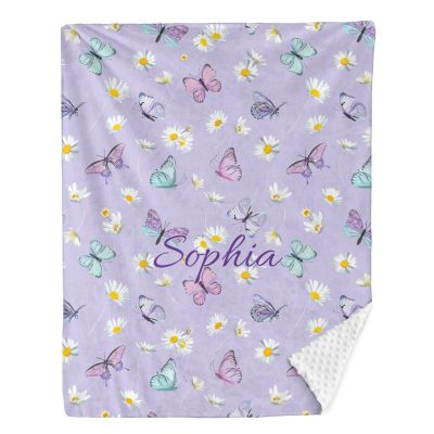 Daisy Flowers Butterfly Personalized Baby Blanket for Boys Girls,Custom Soft Minky Blanket Layer Dotted Newborn Naps 50X60 in