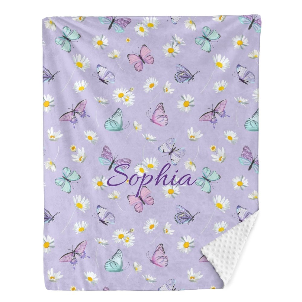 Daisy Flowers Butterfly Personalized Baby Blanket for Boys Girls,Custom Soft Minky Blanket Layer Dotted Newborn Naps 50X60 in