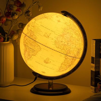 12'' Retro Illuminated World Globe with Wooden Stand, 2-1 Educ & Dcor Antique Night Light up Globe Built in LED & HD Printed Map, Antique Illuminated Glob for Adults & Kids, Home Dcor, Office
