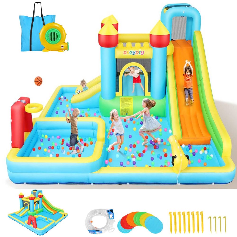 WHUBEFY Bounce House, Inflatable Bounce Castle with Blower for Kids 3-12,Kid Bounce House Blow up Outdoor/Indoor Bouncy House for Backyard with 2 Slides,Climbing Wall,Ball Pit,Jumping Area, Ball Pit