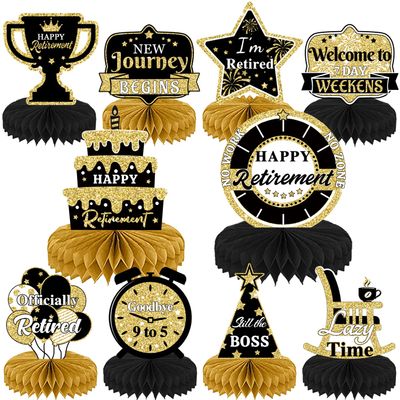 10PCS Retirement Party DecorationsRetirement Honeycomb Centerpieces Gold and Black Table Decorations for Party Supplies Man and Women