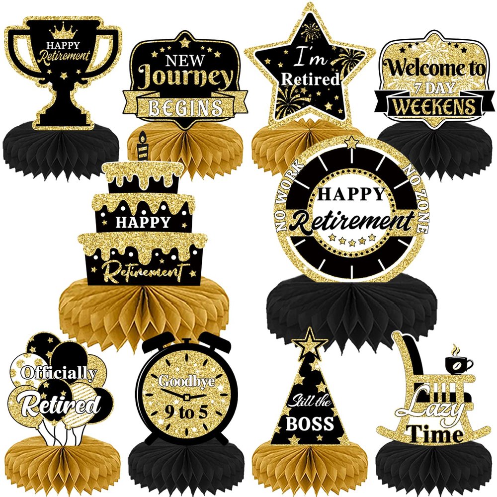 10PCS Retirement Party DecorationsRetirement Honeycomb Centerpieces Gold and Black Table Decorations for Party Supplies Man and Women
