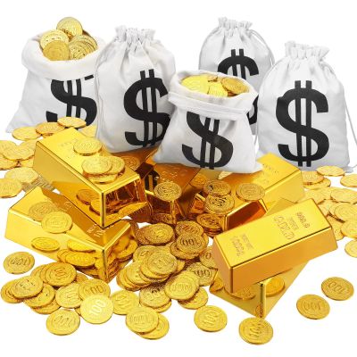 Liliful 112 Pcs Fake Gold Bar Set 6 Replica Brick Bullion Glittering Movie Props 6 Dollar Sign Canvas Money Bags 100 Plastic Gold Play Coins for Christmas Pirate Bank Robber Costume Party Game