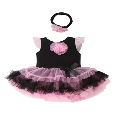 ACSUSS Baby Girls Cake Smash Party Outfit Sleeveless Frilly Skirted Romper Tulle Tutu Dress with Headband Black&Pink 0-3 Months