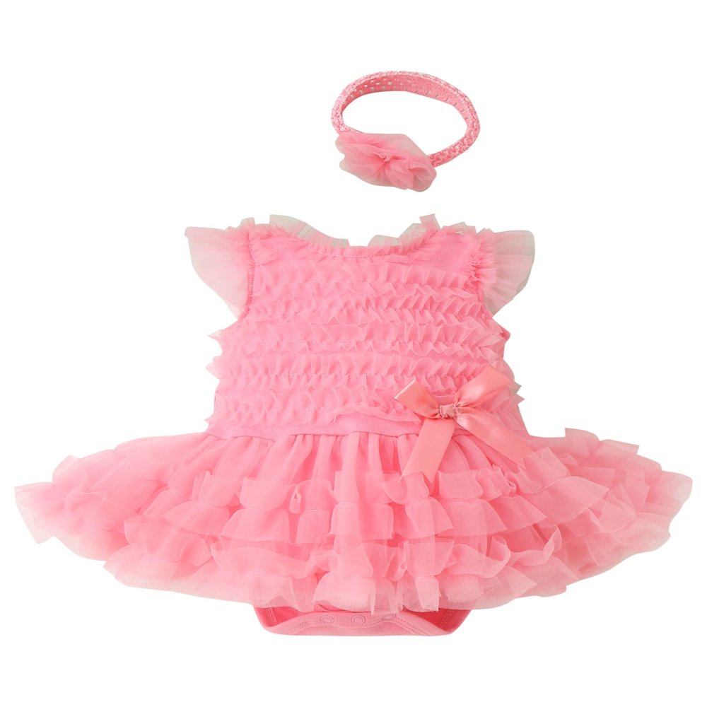 ACSUSS Baby Girls Cake Smash Party Outfit Sleeveless Frilly Skirted Romper Tulle Tutu Dress with Headband Hot Pink 0-3 Months