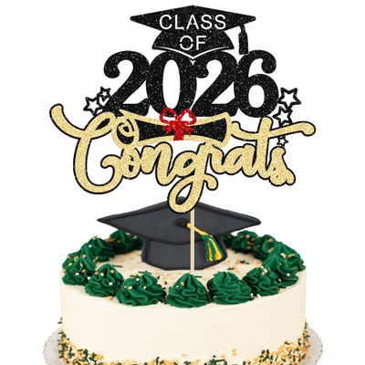 1Pc Class of 2026 Cake Topper Glitter Congrats Grad Cap 2026 Graduation Cake Pick Decorations for 2026 Graduation Theme High School Boys Girls Graduate Party Cake Decorations Supplies Black Gold