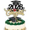 1Pc Class of 2026 Cake Topper Glitter Congrats Grad Cap 2026 Graduation Cake Pick Decorations for 2026 Graduation Theme High School Boys Girls Graduate Party Cake Decorations Supplies Black Gold view 1