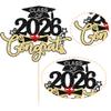 1Pc Class of 2026 Cake Topper Glitter Congrats Grad Cap 2026 Graduation Cake Pick Decorations for 2026 Graduation Theme High School Boys Girls Graduate Party Cake Decorations Supplies Black Gold view 3