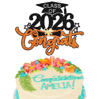 1Pc Class of 2026 Cake Topper Glitter Congrats Grad Cap 2026 Graduation Cake Pick for 2026 Graduation Theme High School Boys Girls Graduate Party Cake Decorations Supplies Black Orange