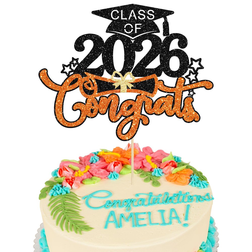 1Pc Class of 2026 Cake Topper Glitter Congrats Grad Cap 2026 Graduation Cake Pick for 2026 Graduation Theme High School Boys Girls Graduate Party Cake Decorations Supplies Black Orange