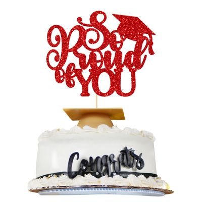 1Pc So Proud of You Cake Topper with Gold Glitter Diploma Graduation Cap Cake Pick Congrats Class of 2026 Cake Decorations for 2026 Theme High School Boys Girls Graduate Party Supplies Red