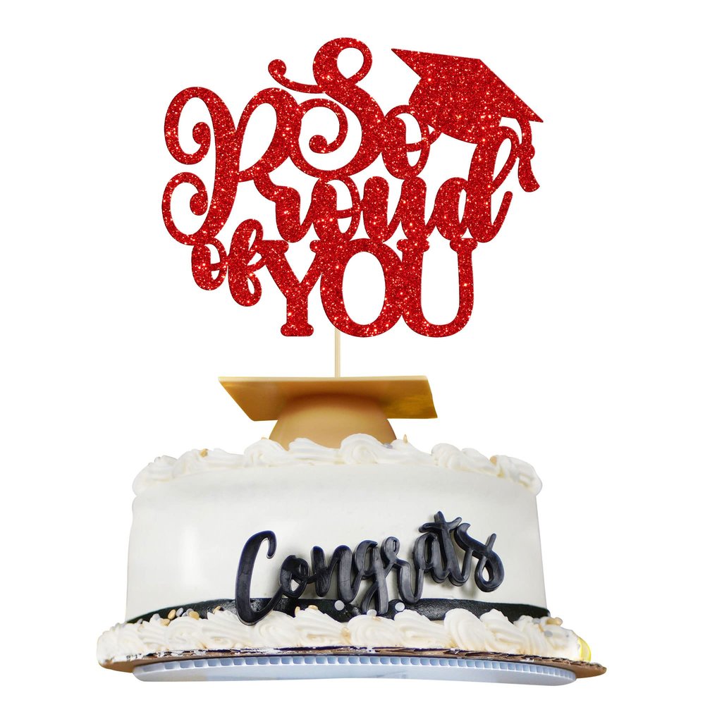 1Pc So Proud of You Cake Topper with Gold Glitter Diploma Graduation Cap Cake Pick Congrats Class of 2026 Cake Decorations for 2026 Theme High School Boys Girls Graduate Party Supplies Red