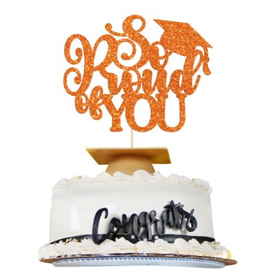 1Pc So Proud of You Cake Topper Gold Glitter Diploma Graduation Cake Pick Congrats Class of 2026 Cake Decorations for 2026 Theme High School Boys Girls Graduate Party Supplies Orange
