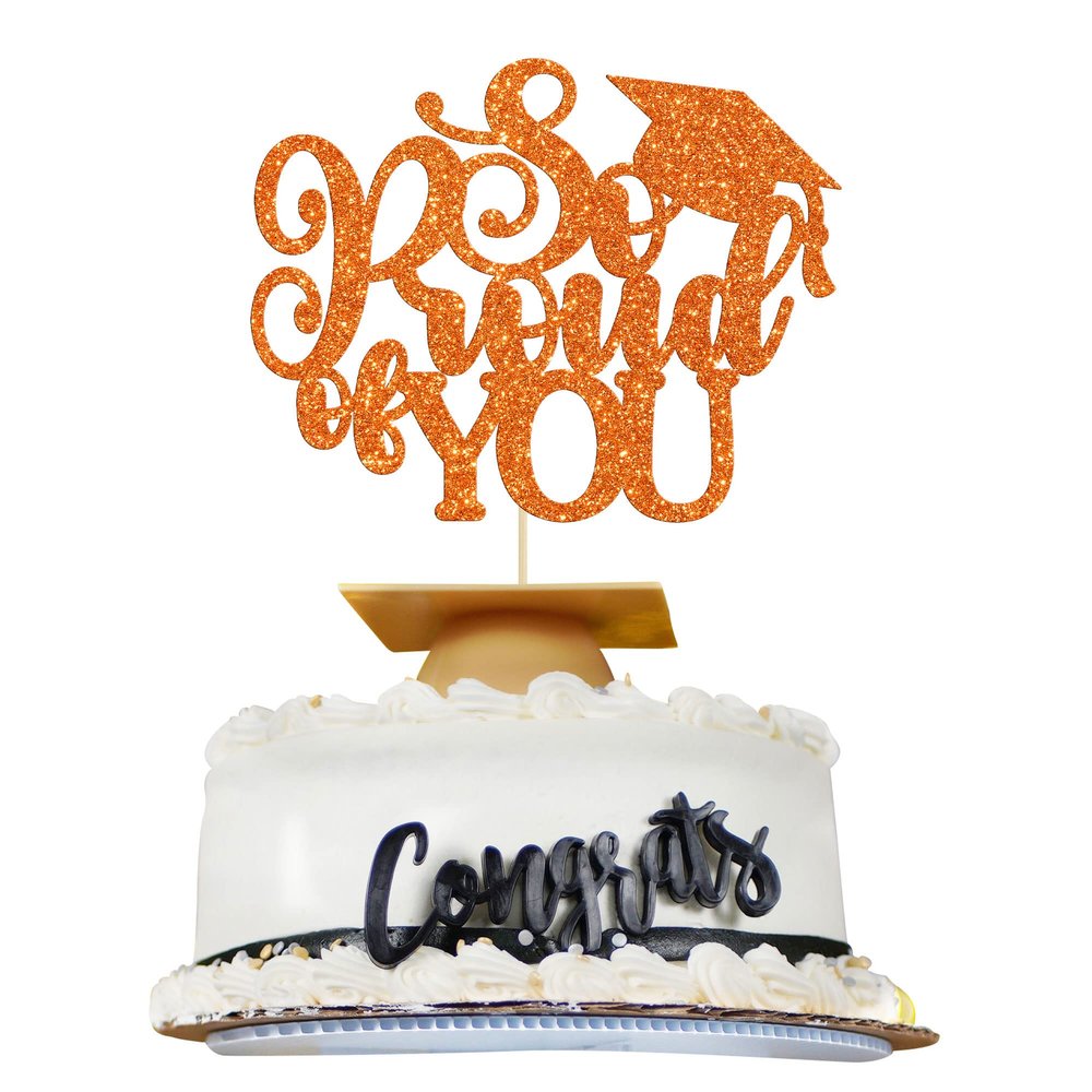 1Pc So Proud of You Cake Topper Gold Glitter Diploma Graduation Cake Pick Congrats Class of 2026 Cake Decorations for 2026 Theme High School Boys Girls Graduate Party Supplies Orange