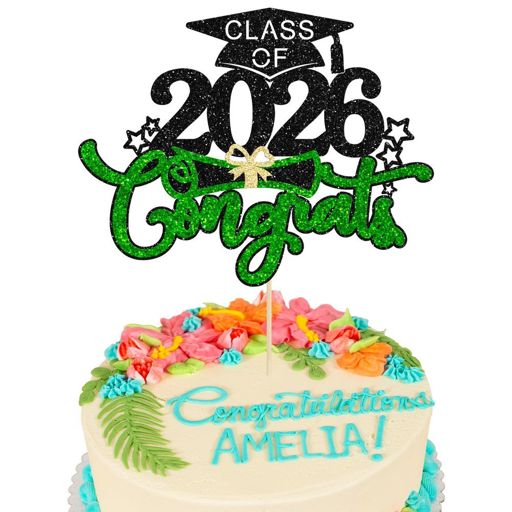 1Pc Class of 2026 Cake Topper Glitter Congrats Grad Cap 2026 Graduation Cake Pick for 2026 Graduation Theme High School Boys Girls Graduate Party Cake Decorations Supplies Black Green
