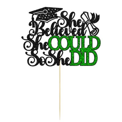 1Pc She Believed She Could So She Did Cake Topper with Glitter Grad Cap Cake Pick Class of 2026 Senior Graduation Cake Decoration for 2026 Grad Theme Party Decorations Supplies Green