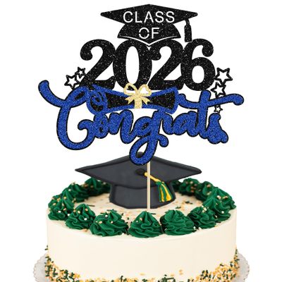1Pc Congrats 2026 Cake Topper Blue Glitter Diploma Graduation Cap Cake Pick Congrats Class of 2026 Cake Decorations for 2026 Grad Theme High School Boys Girls Graduate Party Supplies
