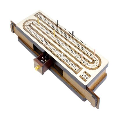 House of Cribbage - 4 Track Continuous Cribbage Board Inlaid White Maple/Teak Wood/White Maple - Size: 13.5 Inches - Sliding Lids and Drawer for Cards & Cribbage Pegs