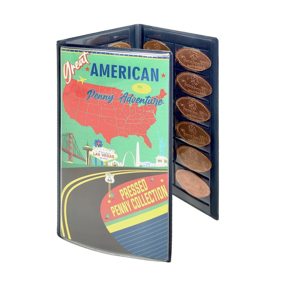 Pennybandz Press Penny Collector Tri-Fold Album - Holds 48 Souvenir Pressed Pennies - Vegan Leather - Every Book Ordered Comes with a Mystery Penny as a Gift (Great American Penny Adventure)