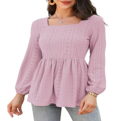 BeatutyNee Hollow Out Square Neck Ruffle Long Sleeve Pleated Baby Doll Shirts for Women,Light Pink M
