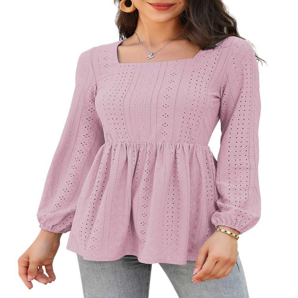 BeatutyNee Hollow Out Square Neck Ruffle Long Sleeve Pleated Baby Doll Shirts for Women,Light Pink M