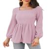 BeatutyNee Hollow Out Square Neck Ruffle Long Sleeve Pleated Baby Doll Shirts for Women,Light Pink M view 1