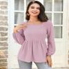 BeatutyNee Hollow Out Square Neck Ruffle Long Sleeve Pleated Baby Doll Shirts for Women,Light Pink M view 3