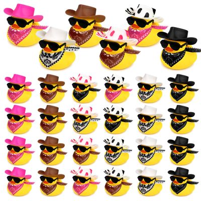24 Sets Disco Cowboy Rubber Ducks with Scarf Hat and Sunglasses Mini Bath Duck Toys for Birthday Swimming Party Gift Favor Decorations