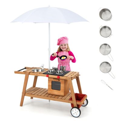 HONEY JOY Mud Kitchen with Umbrella, Wooden Rolling Mud Table Cart, Toddler Outdoor Kitchen Playset, Sink, Faucet, Planting Pots, Utensils, Storage Cabinet, Mud Kitchen for Kids Outdoor with Wheels