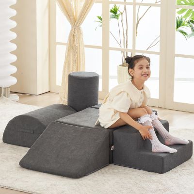 jela Kids Foam Climbing Blocks 6Pcs Soft Play Equipment, Toddler Climbing Toys Indoor Soft Play Climbing Set, Lightweight Climbing Blocks for Babies, Crawling Foam Playset (Miss Fabric Darkgrey)