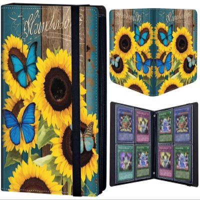 Trading Card Binder 4 Pocket 320 Cards,Card Holder Book with Elastic Band Fit Most Standard Size Cards,Card Collection Binder Case for Baseball Football Basketball Cards Pokemon & MTG,Wooden Butterfly Sunflower
