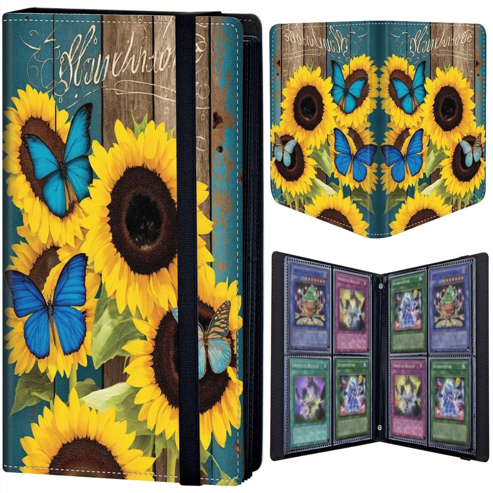 Trading Card Binder 4 Pocket 320 Cards,Card Holder Book with Elastic Band Fit Most Standard Size Cards,Card Collection Binder Case for Baseball Football Basketball Cards Pokemon & MTG,Wooden Butterfly Sunflower