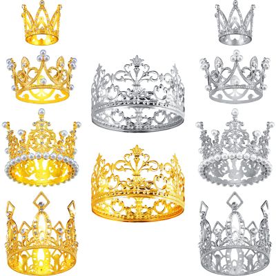 10 Pieces Crown Cake Topper Birthday Mini Crown Pearl Crystal Tiara Vintage Small Metal Decorations for Wedding Birthday Baby Shower Party, 5 Styles(Silver, Gold)