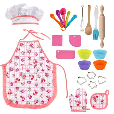GIFTRRTOY Real Kids Cooking and Baking Set - 24 Pcs Kids Chef Role Play Costume Set Includes Cake Apron, Chef Hat, Cooking Mitt, Utensils, Cupcake Molds for Toddler Boys and Girls Ages 3+