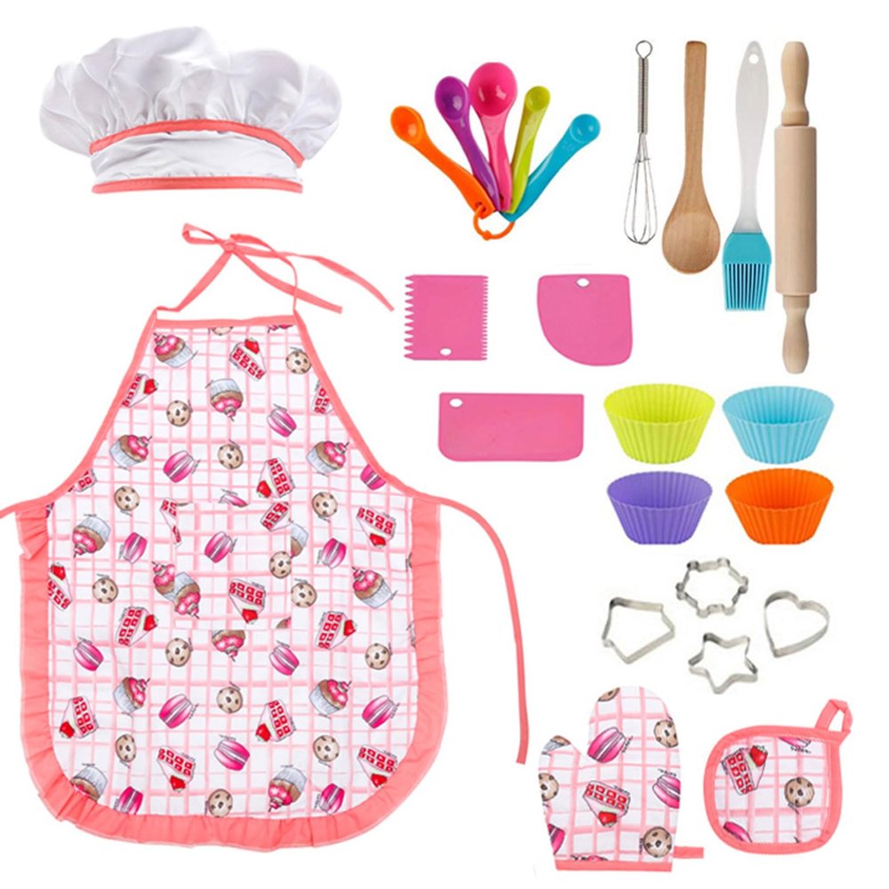 GIFTRRTOY Real Kids Cooking and Baking Set - 24 Pcs Kids Chef Role Play Costume Set Includes Cake Apron, Chef Hat, Cooking Mitt, Utensils, Cupcake Molds for Toddler Boys and Girls Ages 3+
