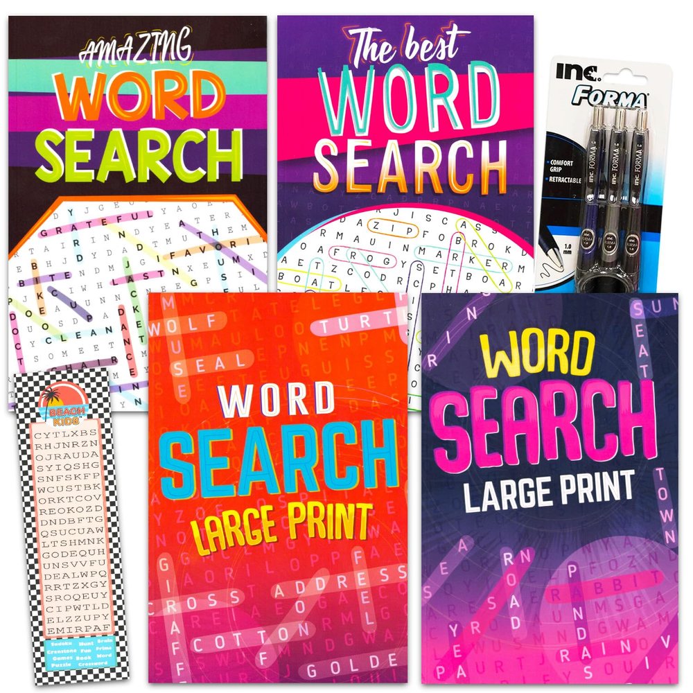 Game Party 4 Pocket Size Word Search Books for Adults - Bundle with 4 Travel Size Word Hunt Puzzle Books Plus Pens and Magnifier (Over 600 Word Find Puzzles)