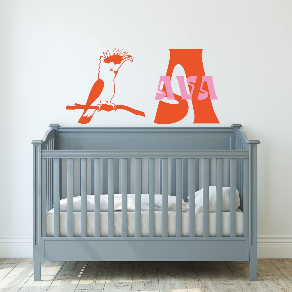 Nursery Custom Name Wall Decal with Initial Parrot Sitting on Tree - Baby Name Wall Decals with Bird - Custom Wall Lettering Decorations for Kids Room