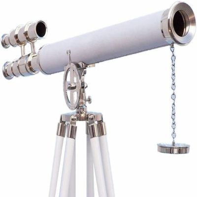 64" Floor Standing Admiral Chrome Griffith Astro Telescope, Nautical Home Decor Fully Functional White Leather Decorative Telescopes