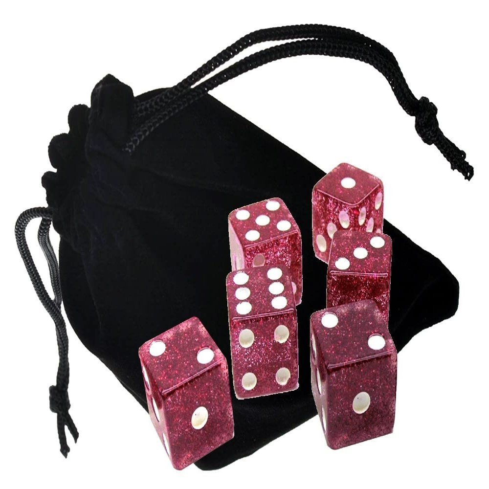 Set of (6) 16mm D6 Transparent Glitter Dice Standard Squared Corners ... Plus Black Velvet Cloth Pouch Bag (Purple)