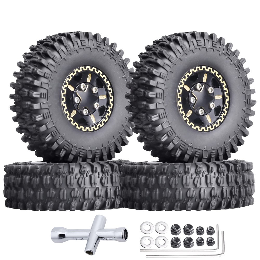 Hobbypark Brass 1.0 Beadlock Wheels and Tires for TRX4M Upgrades Axial SCX24 1/24 RC Crawler Replacement Parts, Set of 4 (Type A)