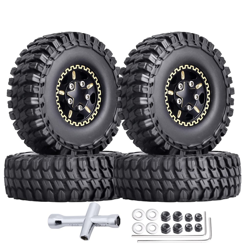 HobbyPark Brass 1.0 Beadlock Wheels and Tires for TRX4M Upgrades Axial SCX24 1/24 RC Crawler Replacement Parts, Set of 4 (Type D)