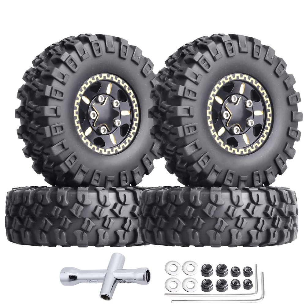 HobbyPark Brass 1.0 Beadlock Wheels and Tires for TRX4M Upgrades Axial SCX24 1/24 RC Crawler Replacement Parts, Set of 4 (Type B)
